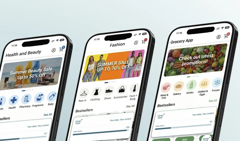 Genie inside health and beauty, fashion and grocery partner apps.