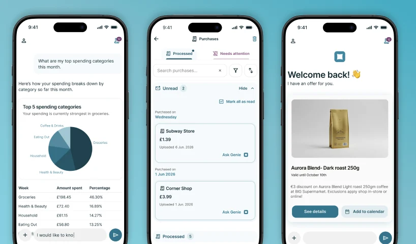 Genie screens showing spending insights, saved purchases and a personalised offer.
