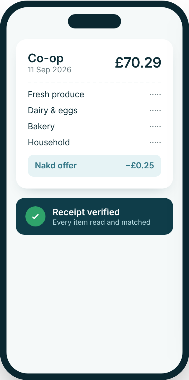 Genie Vault screen showing a verified Co-op receipt