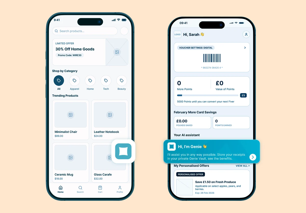 Genie inside a partner's loyalty app, greeting the customer as their AI assistant with personalised offers